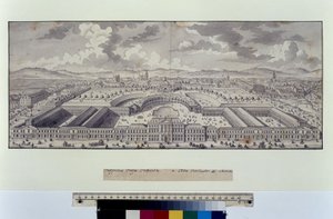 Página completa: vista aérea a gran escala de los establos imperiales hacia los suburbios (pluma, pincel y tinta)