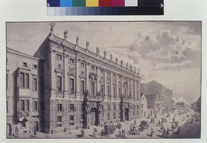 Página completa: vista oblicua del palacio municipal del príncipe Eugenio de Saboya en Himmelpfortgasse (pluma, pincel y tinta) de Salomon Kleiner