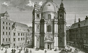 Vista de la Peterskirche, Viena grabado por Johann Bernard Hattinger
