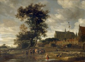 Escena ante un Palo de Mayo con la Iglesia de Alkmaar en el Fondo de Salomon Ruysdael