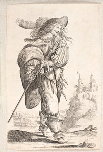 Hombre caminando, perfil tres cuartos a la derecha, agarrando la espada en su cadera. En el fondo un castillo de Salomon Savery