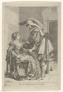 El hombre le ofrece una moneda a una mujer Dats de Bruydt daermen om danst (título sobre el objeto) de Salomon Savery