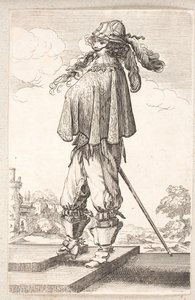 Hombre, perfil hacia la izquierda, con espada y sombrero con plumas, subiendo dos escalones de Salomon Savery