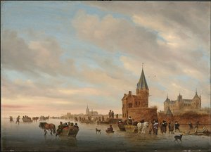 Paisaje de invierno con placeres de hielo frente a un capricho de la ciudad de Arnhem, 1652 de Salomon van Ruisdael or Ruysdael