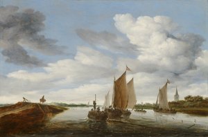 Paisaje fluvial con veleros y una barcaza tirada por caballos de Salomon van Ruysdael
