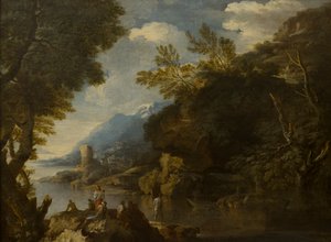 Paisaje con figuras y barcos, c.1635-73 (óleo sobre lienzo) de Salvator (follower of) Rosa