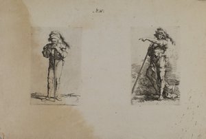 (Serie de figuras) Anciano con sombrero de plumas, manos descansando de Salvator Rosa