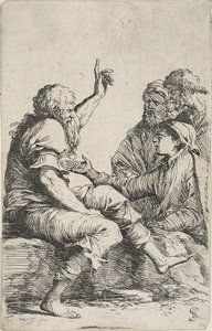 Un anciano barbudo sentado en una roca haciendo un gesto exhortatorio hacia tres hombres frente a él, de la serie Figurine de Salvator Rosa