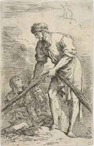 Un hombre tirando de una red, con dos figuras detrás de él, de la serie Figurine de Salvator Rosa