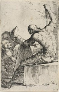 Un guerrero, sentado en un bloque en primer plano, sostiene un escudo y un bastón y se vuelve hacia dos guerreros detrás de él, de la serie Figurine de Salvator Rosa