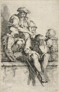 Cuatro guerreros y un joven de pie, que señala a uno de ellos, de la serie Figurine de Salvator Rosa