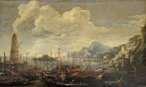 Puerto con faro y barcos de Salvator Rosa