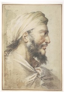 Cabeza de un hombre barbudo de perfil a la derecha con turbante de Salvator Rosa