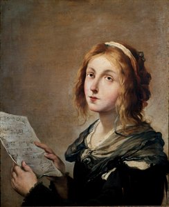 La música. Joven mujer de condición social muy modesta encarnando la música, con una partitura en la mano de Salvator Rosa
