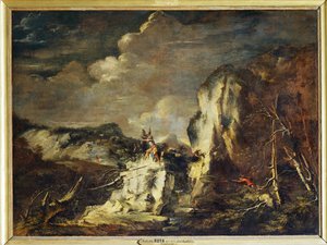 Paisaje rocoso con un cazador y guerreros - Un ... de Salvator Rosa