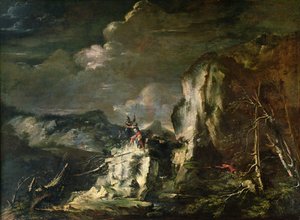 Paisaje rocoso con un cazador y guerreros de Salvator Rosa