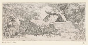 Sátiro con flauta de pan Tritones y dioses del río (título de la serie) de Salvator Rosa