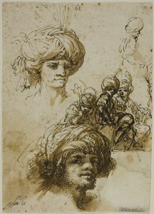 Bocetos de hombres turbantes (anverso); fragmento de figura y bocetos de ornamento arquitectónico foliado (reverso) de Salvator Rosa