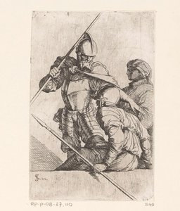 Dos soldados y una figura con turbante. Figuras pequeñas (título de la serie) Figurilla (título de la serie) de Salvator Rosa