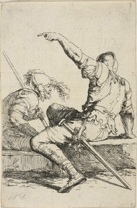 Dos guerreros sentados en rocas bajas de Salvator Rosa