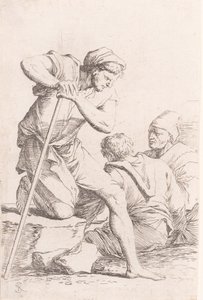 Dos hombres sentados y otro hombre sosteniendo un bastón arrodillado en una roca, de la serie..., ca. 1656-1657