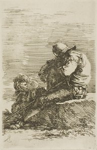 Dos guerreros, uno sentado y dormido sobre una roca en primer plano, de la serie Figurine de Salvator Rosa