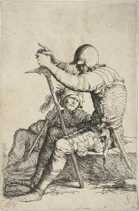 Dos guerreros, uno sentado en una roca baja en primer plano y sosteniendo un martillo de guerra; la otra figura sentada en el suelo detrás de él, sosteniendo una maza sobre su hombro derecho y mirando hacia la figura en primer plano, de la serie Figurine de Salvator Rosa