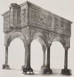 Antiguo ambón de la catedral de Sessa Aurunca, Campania, Italia, litografía de Salvatore Puglia según dibujo de Pasquale Mattei (1813-1879) de Poliorama Pittoresco, n 43, 31 de mayo. de Salvatore Puglia