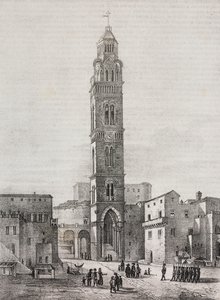 Campanario de la catedral de Gaeta, Lacio, Italia, litografía de Salvatore Puglia sobre dibujo de Pasquale Mattei (1813-1879), de Poliorama Pittoresco, n 48, 6 de julio. de Salvatore Puglia