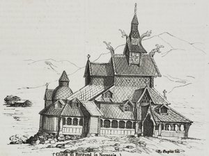 Iglesia de Borgund Stave, Noruega, litografía de Salvatore Puglia de Poliorama Pittoresco, n 40, 14 de mayo