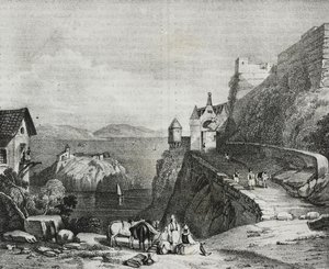 Castillo de Parga, Albania, litografía de Salvatore Puglia de Poliorama Pittoresco, n 9, 9 de octubre de Salvatore Puglia