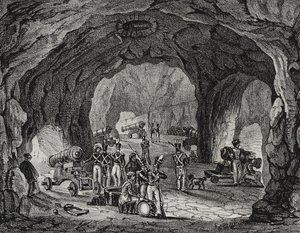 Cueva cerca del Peñón de Gibraltar, España, litografía de Salvatore Puglia de Poliorama Pittoresco, n 20, 24 de diciembre