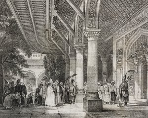 Vestíbulo de Serraglio, Turquía, desde el harén de la historia en Oriente, litografía de Poliorama Pittoresco, n 12, 28 de octubre