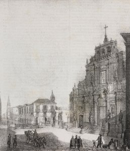 Fachada de la Basílica de San Sebastiano en Acireale, Sicilia, Italia, litografía de Salvatore Puglia de Poliorama Pittoresco, n 39, 3 de mayo