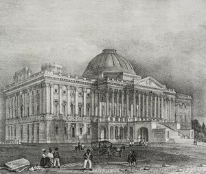 Fachada del edificio del Capitolio en Washington, EE.UU., litografía de Salvatore Puglia de Poliorama Pittoresco, n 42, 28 de mayo. de Salvatore Puglia
