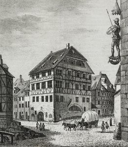 Casa de Albrecht Durer (1471-1528) en Nuremberg, Alemania, litografía de Salvatore Puglia de Poliorama Pittoresco, n 31, 12 de marzo