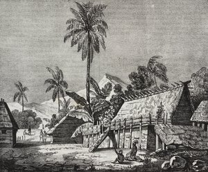 Casa de la reina de la isla Noukahiva (hoy Nuku Hiva), Islas Marquesas, Polinesia Francesa, litografía de Salvatore Puglia de Poliorama Pittoresco, n 37, 22 de abril. de Salvatore Puglia