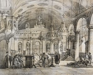 Interior de la iglesia griega de Baloukli, cerca de Constantinopla, Turquía, litografía de Salvatore Puglia de Poliorama Pittoresco, n 28, 15 de febrero.