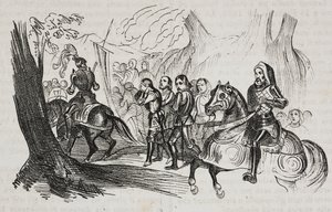 Regreso de los combatientes a Barletta para el desafío, Apulia, Italia, litografía de Salvatore Puglia del Poliorama Pittoresco, n 30, 1 de marzo.