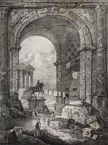 Ruinas romanas, pintura de Hubert Robert (1733-1808), litografía de Salvatore Puglia de Poliorama Pittoresco, n 28, 17 de febrero. de Salvatore Puglia