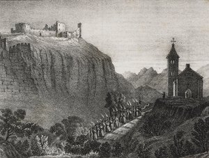 Viaje a Cappelluccia, escena de Linterna mágica, colección de cuentos e imágenes, litografía de Salvatore Puglia de Poliorama Pittoresco, n 41, 17 de mayo