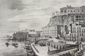 Vista de Borgo Santa Lucia, Nápoles, Campania, Italia, litografía de Salvatore Puglia de Poliorama Pittoresco, n 36, 15 de abril.