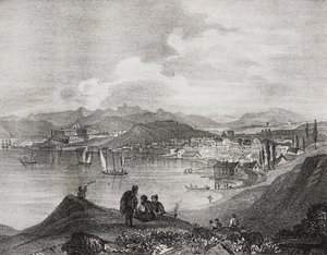 Vista de Corfú desde el Monte Oliveto, Islas Jónicas, Grecia, litografía de Salvatore Puglia de Poliorama Pittoresco, n 25, 25 de enero de Salvatore Puglia