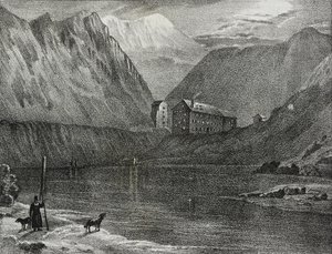 Vista del hospicio del Gran San Bernardo desde el lago, frontera Italia-Suiza, litografía de Salvatore Puglia de Poliorama Pittoresco, n 9, 9 de octubre
