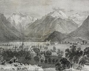 Vista de Interlaken, Suiza, litografía de Salvatore Puglia del Poliorama Pittoresco, n 36, 16 de abril
