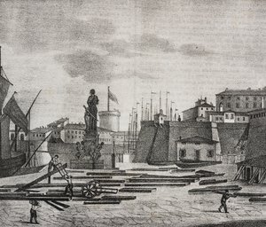 Vista de la dársena de Livorno, Toscana, Italia, litografía de Salvatore Puglia de Poliorama Pittoresco, n 38, 26 de abril