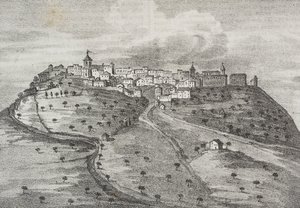 Vista de Montefuscolo, hoy Montefusco, Campania, Italia, litografía de Salvatore Puglia de Poliorama Pittoresco, n 41, 20 de mayo. de Salvatore Puglia