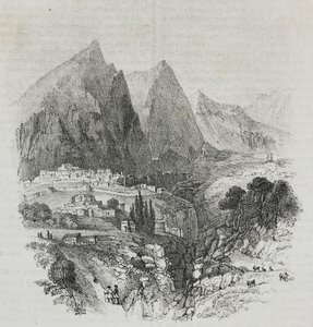 Vista del monte Parnaso desde Delfos, Grecia, litografía de Salvatore Puglia de Poliorama Pittoresco, n 46, 25 de junio