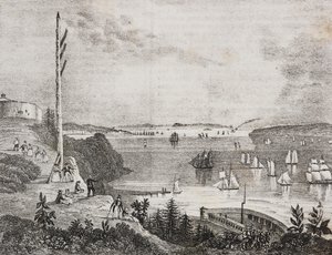 Vista de la bahía de Nueva York desde la estación telegráfica, Estados Unidos de América, litografía de Salvatore Puglia del Poliorama Pittoresco, n 6, 14 de septiembre de Salvatore Puglia