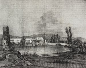 Vista de la fábrica e iglesia de Santa Restituta a orillas del río Fibreno en Cornello, Lacio, Italia, litografía de Salvatore Puglia sobre dibujo de Raffaele Carelli, de Poliorama Pittoresco, n 16, 26 de noviembre.